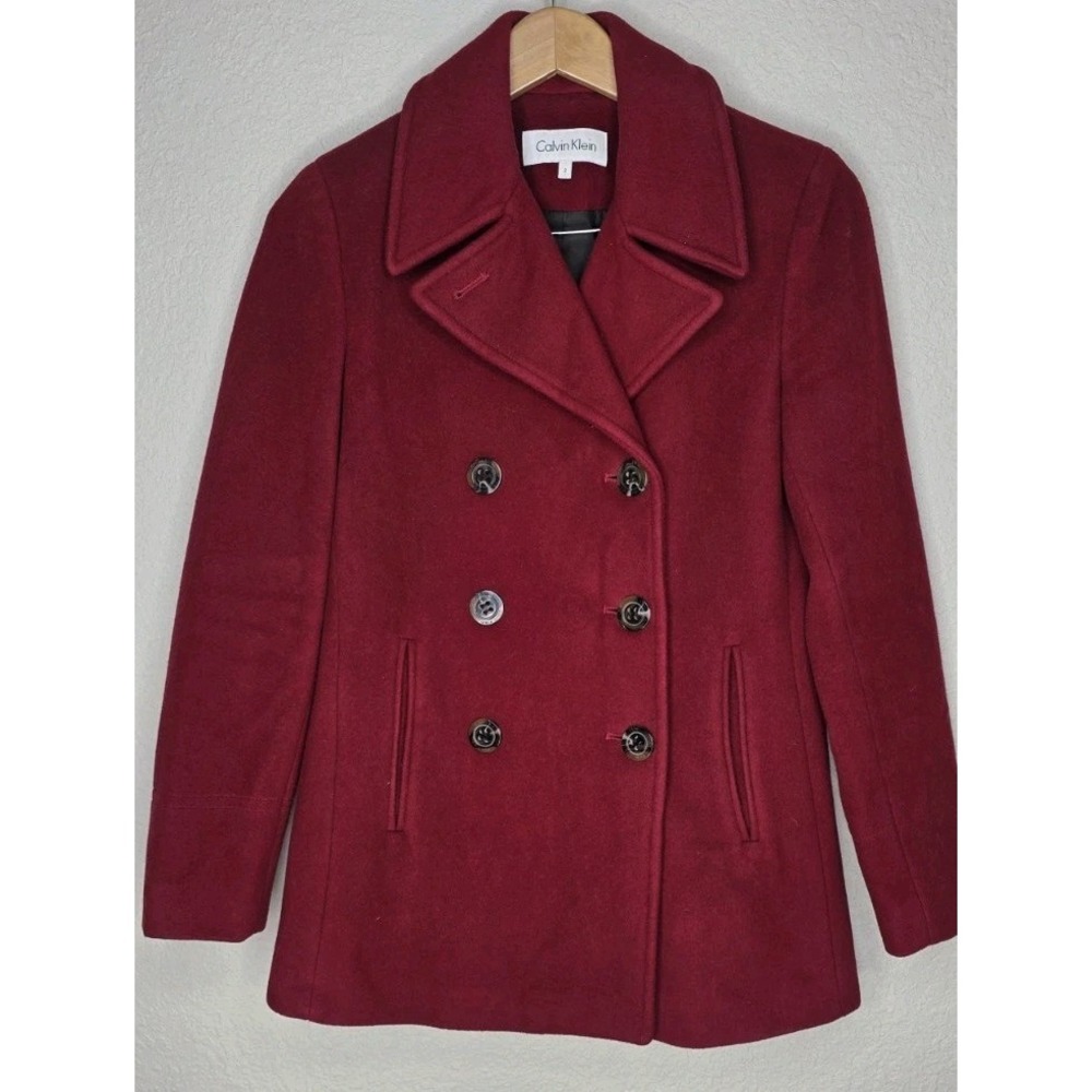 Calvin Klein Coat Wool Cashmere Double-Breasted Red Peacoat Women 2 Button